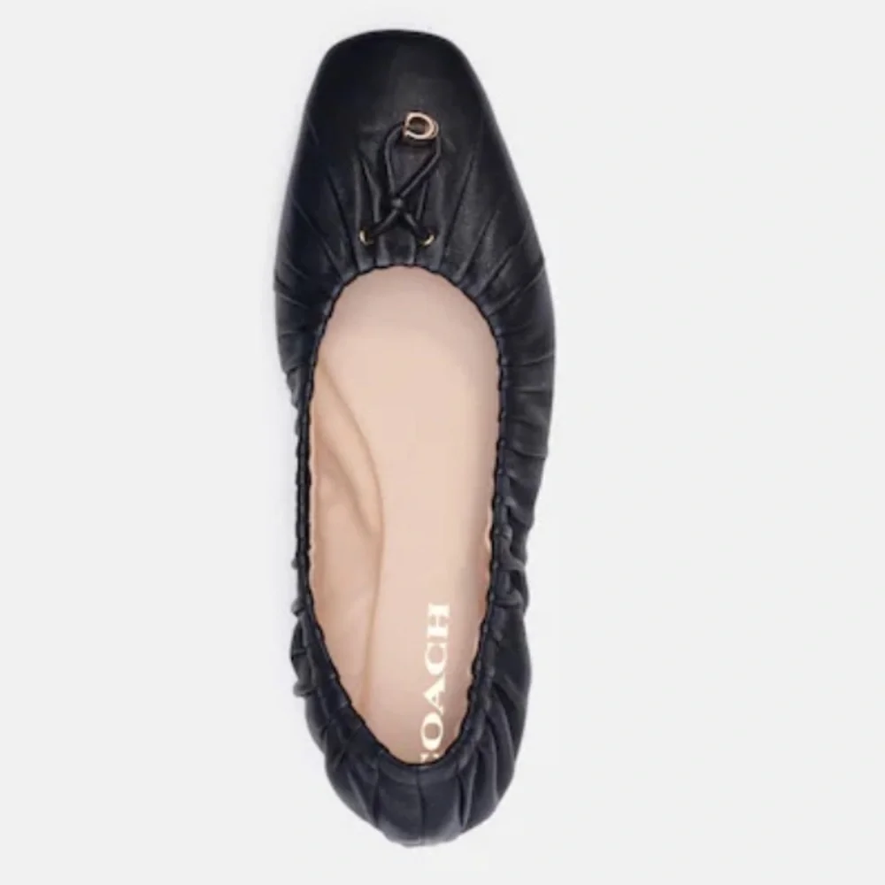 Coach Black Ruched Leather Ballet Flats with Gold Charm - Picture 6 of 8